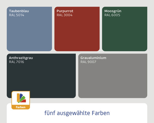 Fünf Farbbeispiele: Taubenblau RAL 5014, Purpurrot RAL 3004, Moosgrün RAL 6005, Anthrazitgrau RAL 7016, Graualuminium RAL 9007