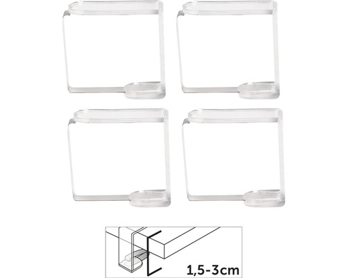 Quatre supports de nappe transparents pour une épaisseur de plateau de table de 1,5 à 3 cm