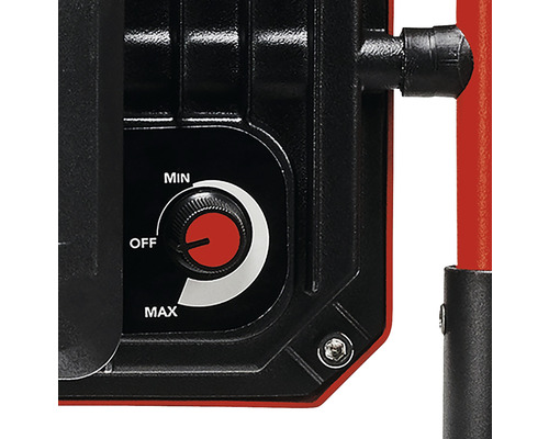 Detailansicht eines Baustrahlers mit einem Drehknopf zur Einstellung von minimaler bis maximaler Helligkeit und Aus-Funktion