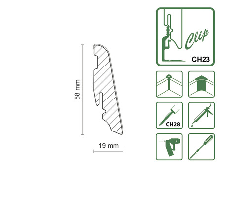 Croquis d''un profilé de plinthe avec les dimensions 58 mm de hauteur et 19 mm de largeur, ainsi que des symboles pour le montage et la fixation par clips.