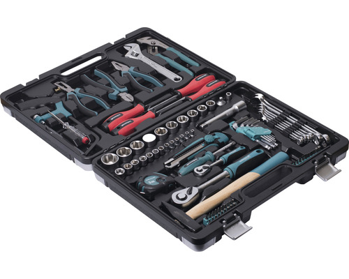 Werkzeugkoffer mit diversen Werkzeugen wie Schraubenschlüssel, Zangen und Hammer