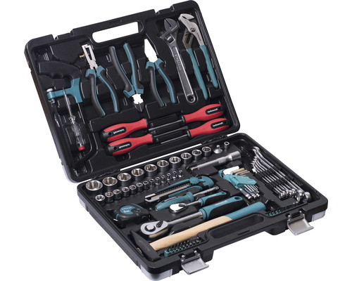 Offener Werkzeugkoffer mit verschiedenen Werkzeugen wie Schraubendrehern, Zangen, Schraubenschlüsseln und Steckschlüsseln