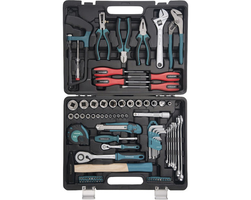 Technocraft Werkzeugkoffer gefüllt mit Werkzeugen wie Schraubenschlüssel, Schraubendreher, Hammer und Zangen