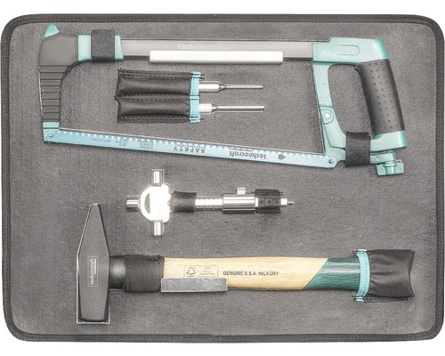 Werkzeugsatz mit Hammer, Metallsäge und weiteren Werkzeugen in Werkzeugtasche