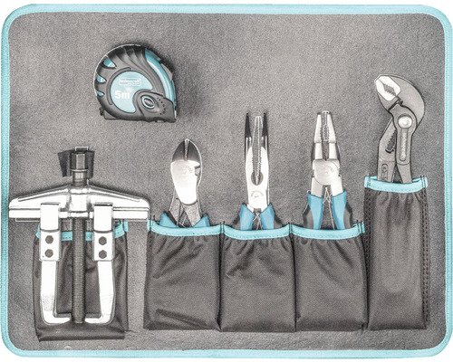 Werkzeugsatz mit Zangen, Abzieher und Bandmass in Werkzeugtasche