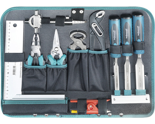 Werkzeugset mit Zangen, Schraubendrehern und Messwerkzeugen in einer Werkzeugtasche