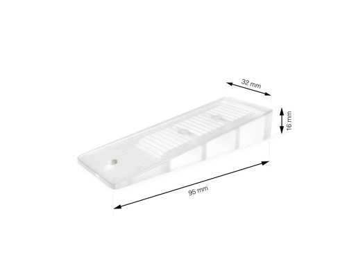 Cale en plastique avec des dimensions de 95 mm x 32 mm x 16 mm.
