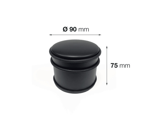 Butoir de porte noir avec un diamètre de 90 millimètres et une hauteur de 75 millimètres