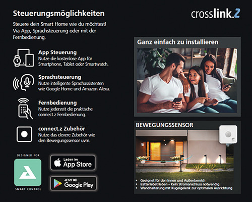Crosslink.2 Steuerungsmöglichkeiten mit App, Sprachsteuerung, Fernbedienung, Zubehör, Bewegungssensor, App Store Logo, Google Play Logo