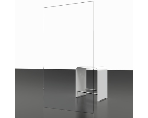 Protection anti-postillons transparente en verre autoportante avec tabouret blanc.