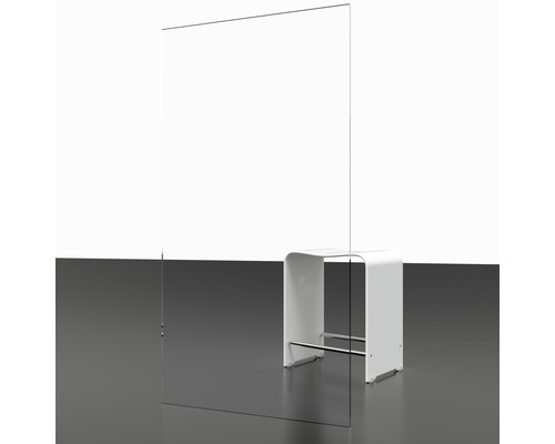 Paroi de protection transparente autoportante en verre avec chaise