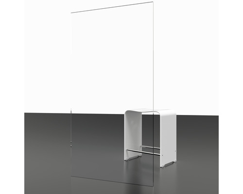Écran en verre acrylique transparent à côté d''un tabouret blanc