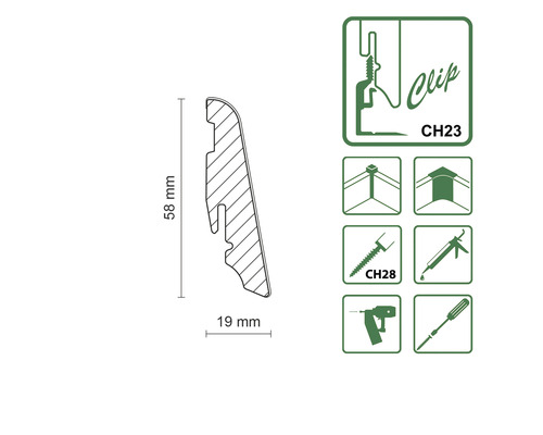 Schéma d''une plinthe à clip de 58 mm de haut et 19 mm de large avec instructions de montage