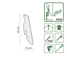Abbildung einer Sockelleisten-Zeichnung mit den Maßen 58 Millimeter Höhe und 19 Millimeter Tiefe, daneben Symbole für Clipmontage, Schrauben und Werkzeuge