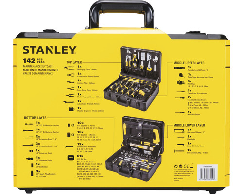 Boîte à outils Stanley avec 142 outils, triés dans différents compartiments