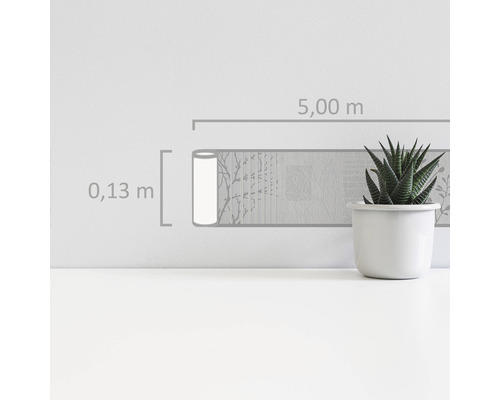 Illustration einer Bordüre mit den Massen 0,13 Meter Höhe und 5,00 Meter Länge neben einer Topfpflanze