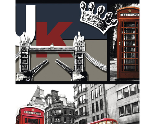 Collage avec des motifs de Grande-Bretagne : Tower Bridge, cabine téléphonique et couronne
