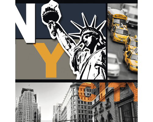 Collage avec la Statue de la Liberté, des taxis et des bâtiments new-yorkais