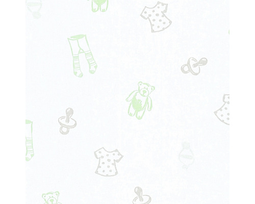 Papier peint avec des motifs pour enfants tels que des ours en peluche, des sucettes et des robes