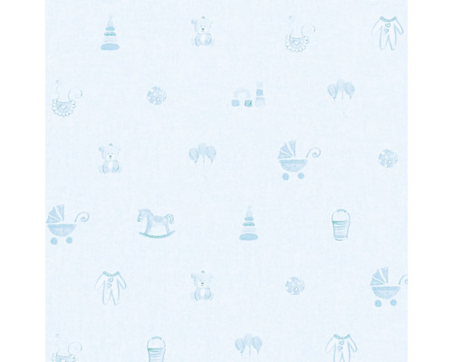 Papier peint avec des motifs de bébé tels que des poussettes, des ours en peluche et des jouets