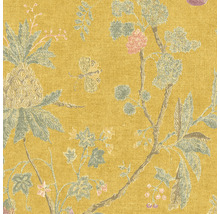 Gelbe Tapete mit Ananas-, Schmetterlings- und Pflanzenmuster