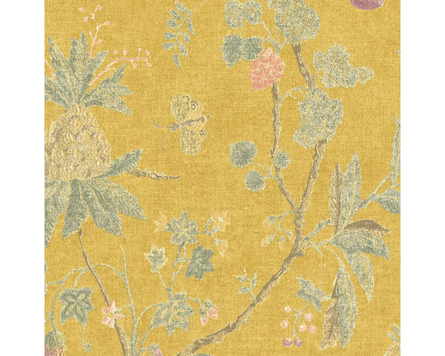 Gelbe Tapete mit Ananas-, Schmetterlings- und Pflanzenmuster