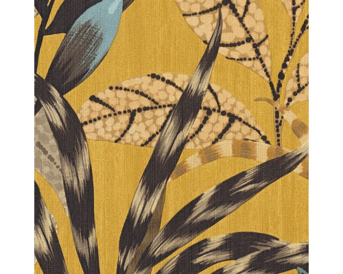 Papier peint avec motif de feuilles sur fond jaune