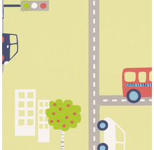Papier peint avec motif de ville enfantin, comprenant rues, feux de circulation, bus et bâtiments