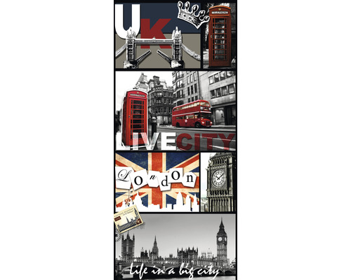 Collage avec des motifs de Londres : Tower Bridge, cabine téléphonique, bus, Big Ben et drapeau Union Jack