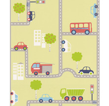 Papier peint avec motif de rue, véhicules, arbres et bâtiments