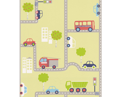 Papier peint avec motif de rue, véhicules, arbres et bâtiments