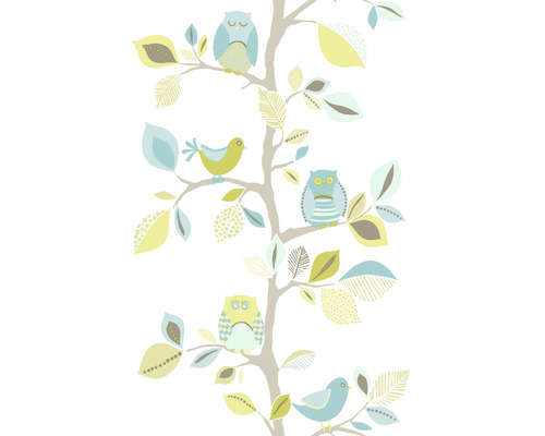 Papier peint avec arbre, hiboux et oiseaux