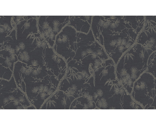 Papier peint avec motif d''arbre, de plante et d''oiseau