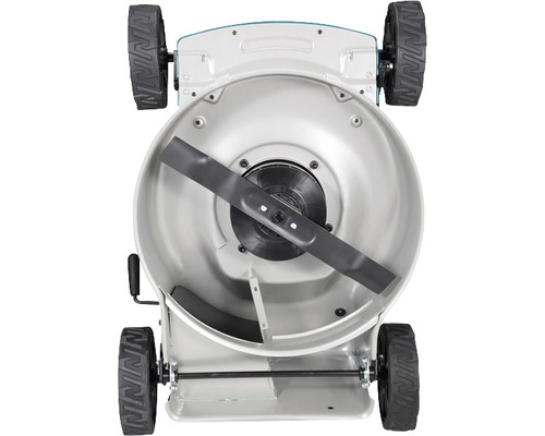 Ansicht des Mähdecks eines Rasenmähers von unten mit sichtbarem Schneidemesser.