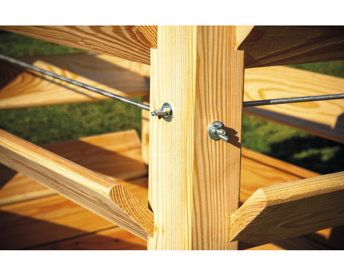 Vue détaillée d''une étagère en bois avec vis et tiges métalliques