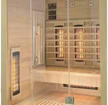 Infrarotsauna mit Glasfront, Holzbänken und Heizpaneelen für den Innenbereich