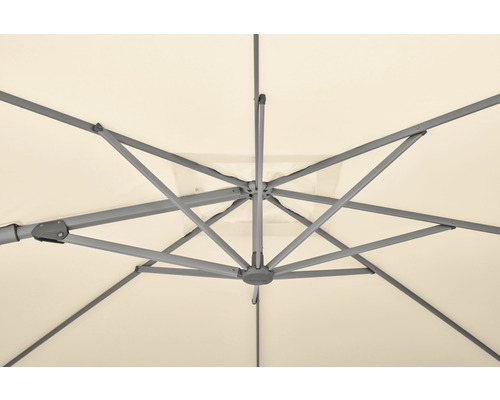 Detailansicht von der Unterseite eines Sonnenschirms mit Metallgestell und hellem Stoff