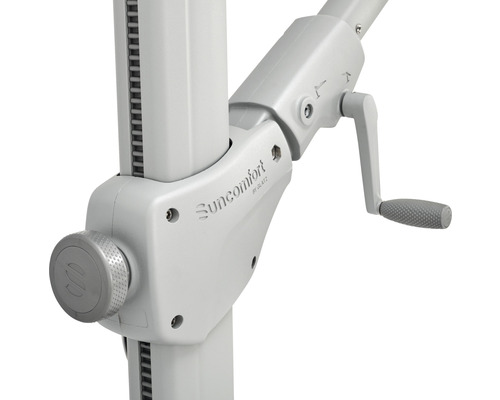 Detailansicht eines Sonnenschirmständers mit Kurbel und Drehknopf.