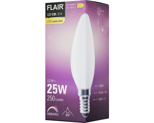 Ampoule LED FLAIR C35 E14, 2,2 watts, 250 lumens, 2700 kelvins, blanc chaud, à intensité variable