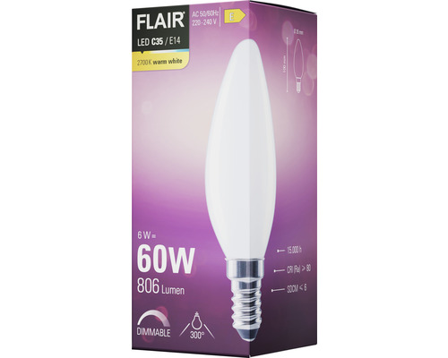 Lampe LED Flair C35 E14, 6 watts, équivalent à 60 watts, 806 lumens, 2700 Kelvin blanc chaud, variable