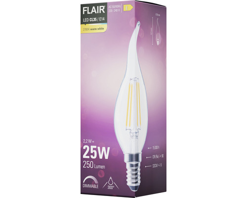 Emballage d''une lampe LED Flair CL35/E14 de 2,2 watts et 250 lumens
