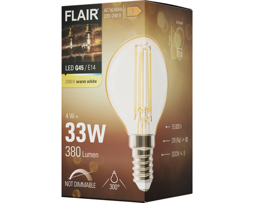 Lampe LED FLAIR G45/E14, 4 watts, équivalent à 33 watts, 380 lumens, 2000 kelvins, blanc chaud, non dimmable