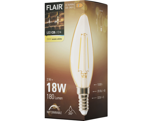 Emballage d''une lampe LED C35/E14 non dimmable de Flair, 2000K blanc chaud