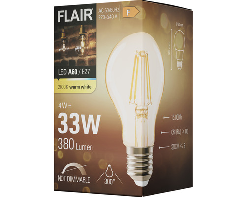 Emballage d''une lampe LED Flair A60 E27, 4 watts, 380 lumens, blanc chaud