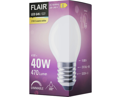 Verpackung einer Flair LED G45 E27 Lampe mit 4 Watt Leistung