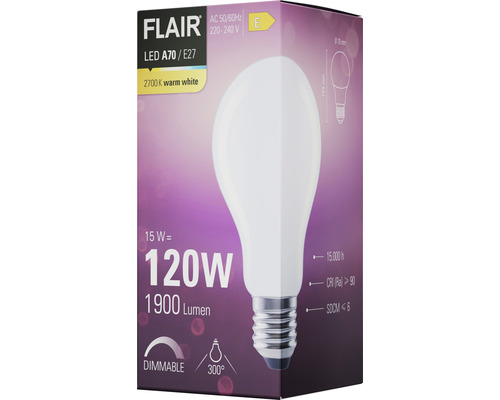 Verpackung einer dimmbaren Flair LED Lampe A70/E27 mit 120 Watt und 1900 Lumen
