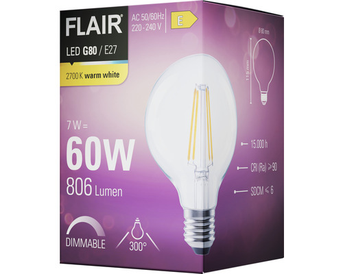 Verpackung einer dimmbaren Flair LED G80 E27 Glühbirne mit 7 Watt Leistung, entsprechend 60 Watt