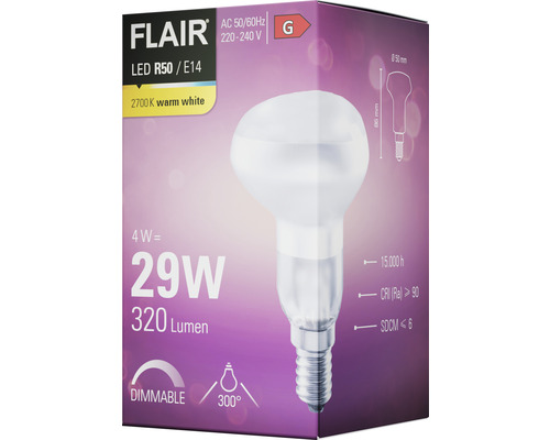 Emballage d''une lampe Flair LED R50/E14 avec 2700 Kelvin blanc chaud