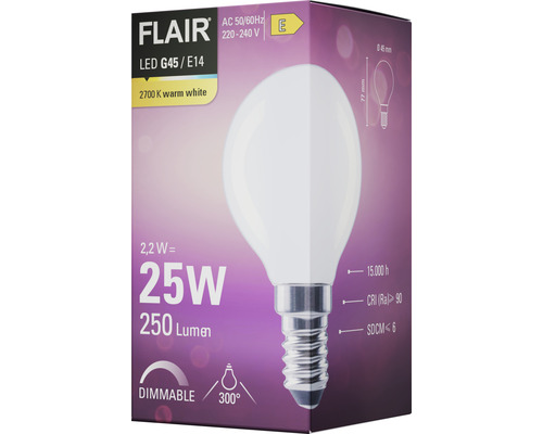 Verpackung einer Flair LED Lampe G45 E14, 2,2 Watt, 25 Watt Äquivalent, 250 Lumen, 2700 Kelvin warmweiß, dimmbar