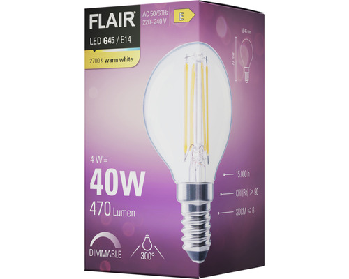 Verpackung einer Flair LED G45 E14 Glühbirne